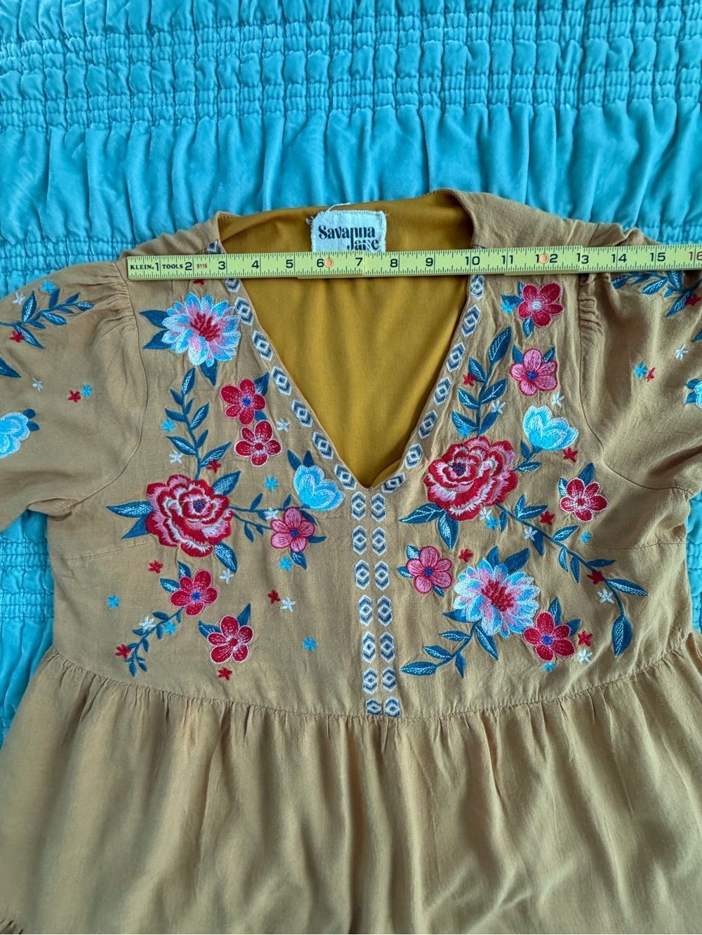 Savanna Jane Mustard Tiered Dress with Multicolor Floral Embroidery-Med - Picture 10 of 10